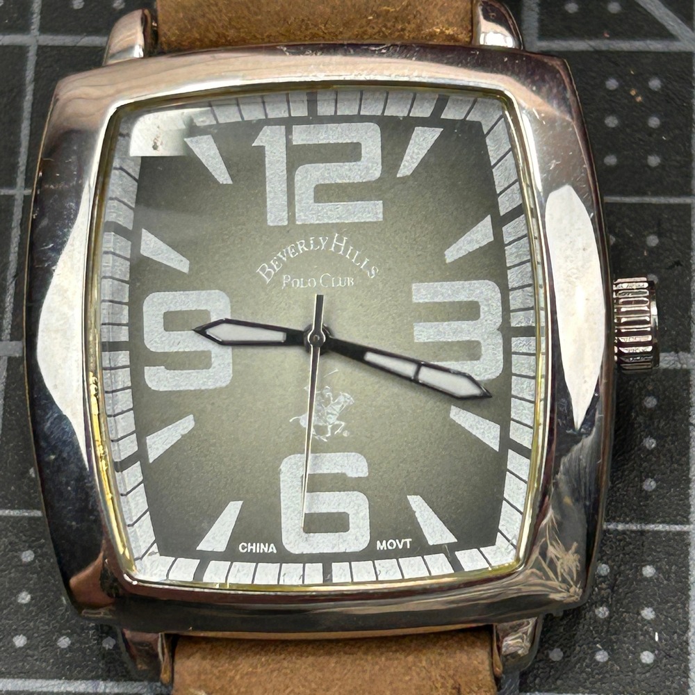 Beverly Hills Polo Club Mens Watch Brown Strap Olive Dial Square Case 53201 124